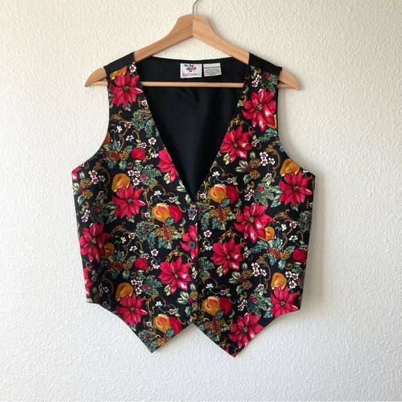 Vintage Boho Vest Novelty Christmas Holiday Floral Medium Black Red Cottagecore - Picture 3 of 16